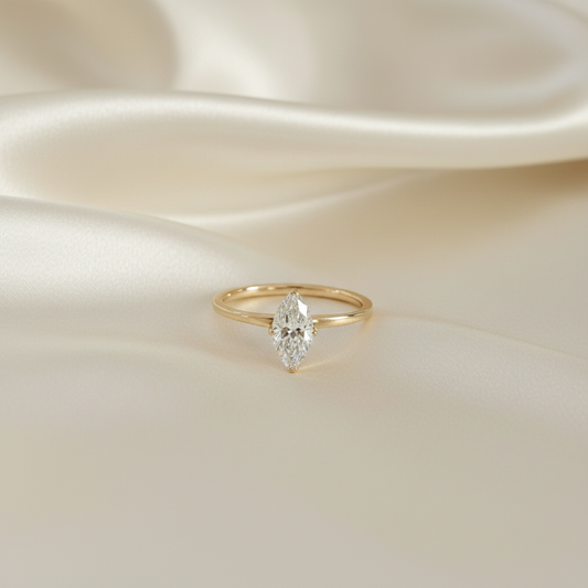 Marquise Ring Full View on Ivory Silk