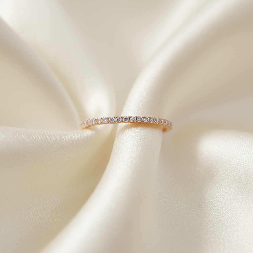 Rose Gold Eternity Band on Ivory Silk