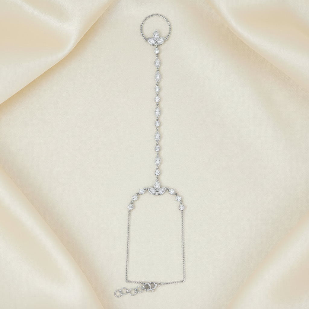 White Gold Hand Chain Bracelet on Ivory Silk