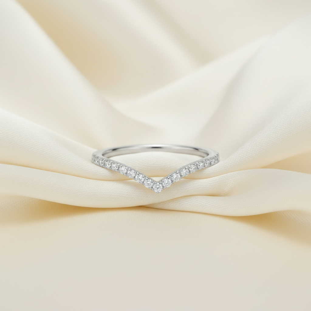 Chevron White Gold Ring - Different Angle with Ivory Silk