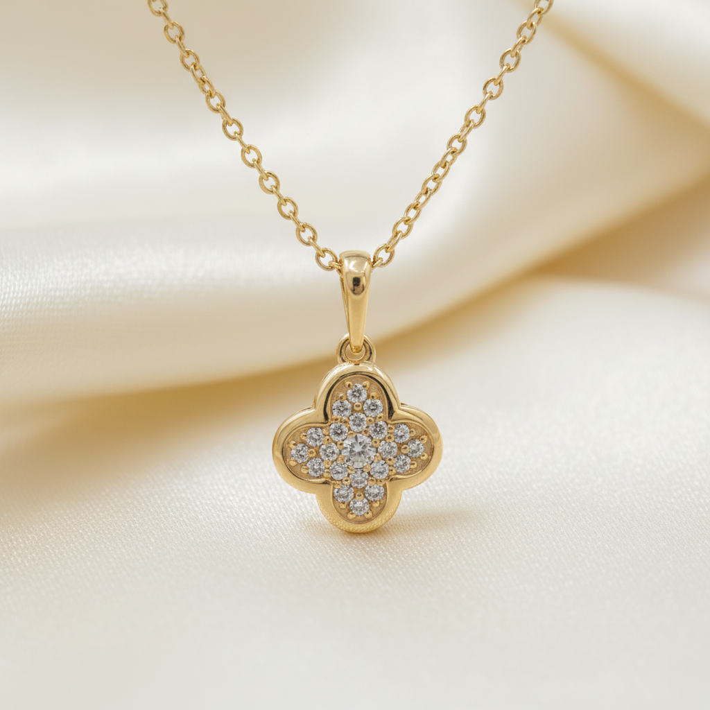 Diamond Clover Pendant on Ivory Silk