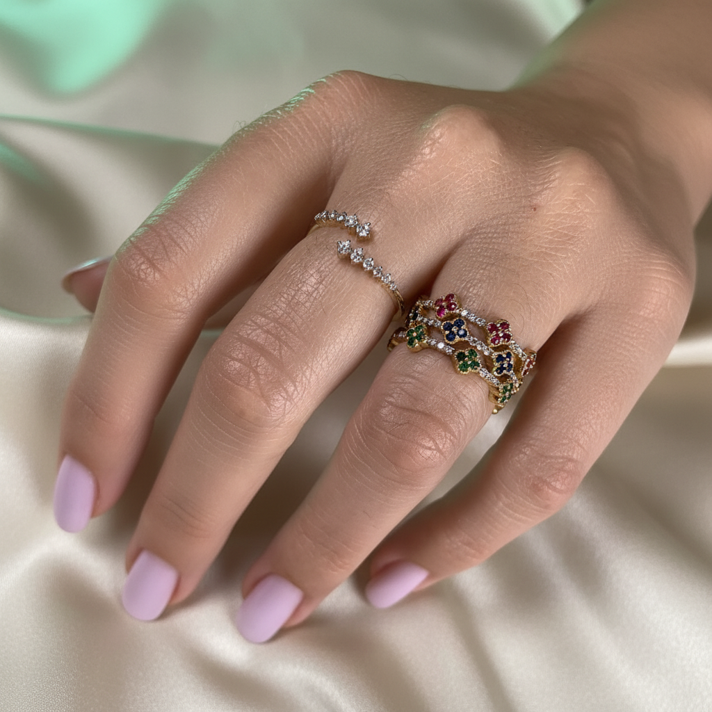 Diamond Coil & Multicolor Flower Ring - Ivory Silk