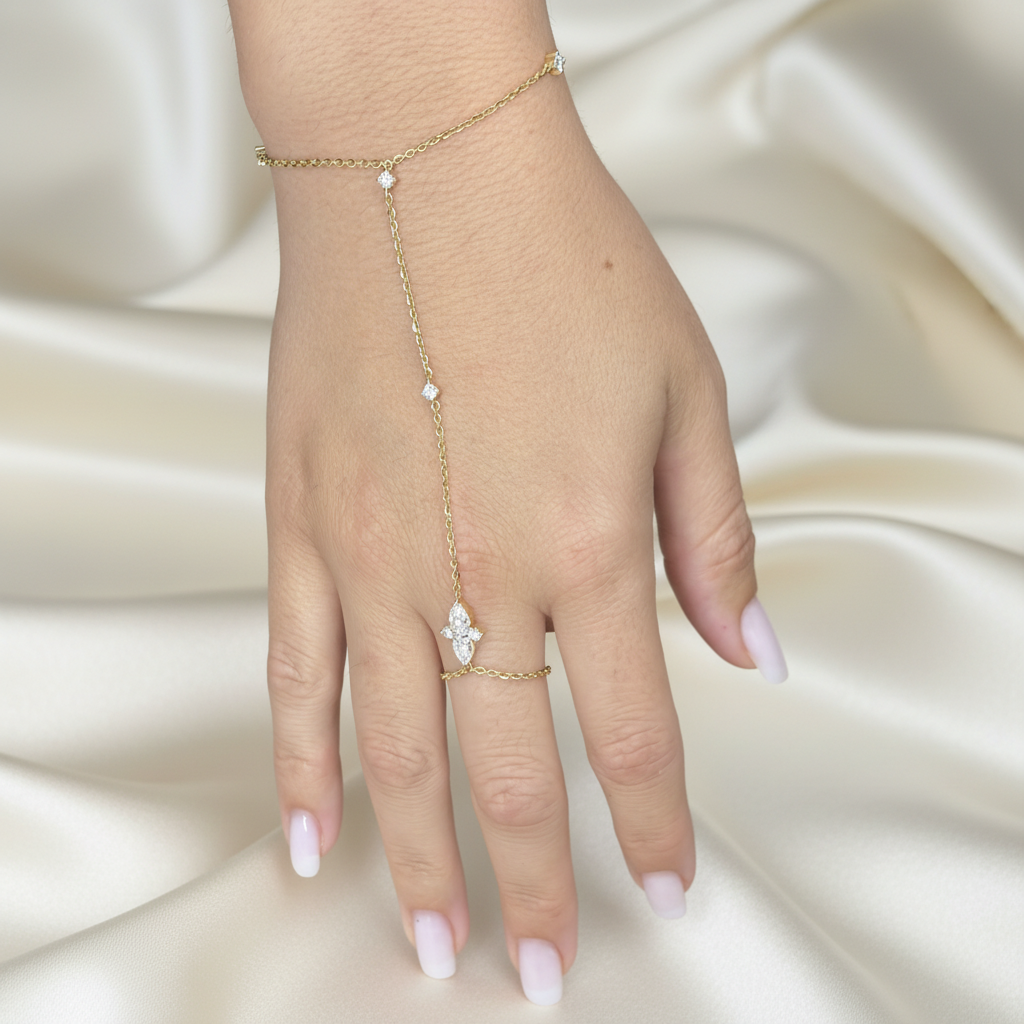 Gold Hand Chain with Flower Ring on Ivory Silk