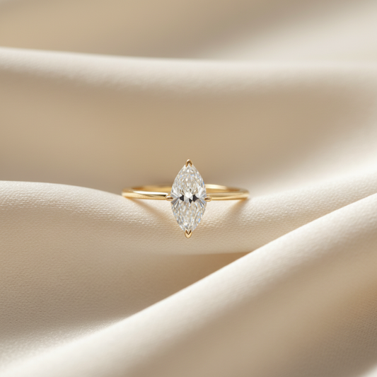 Marquise Ring Close-Up on Ivory Silk