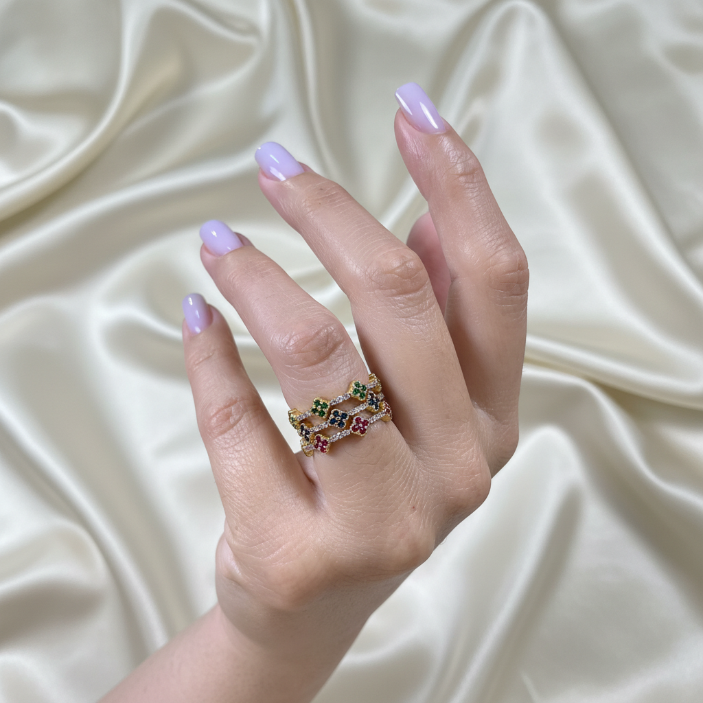 Multicolor Flower Stack Rings - Ivory Silk Background