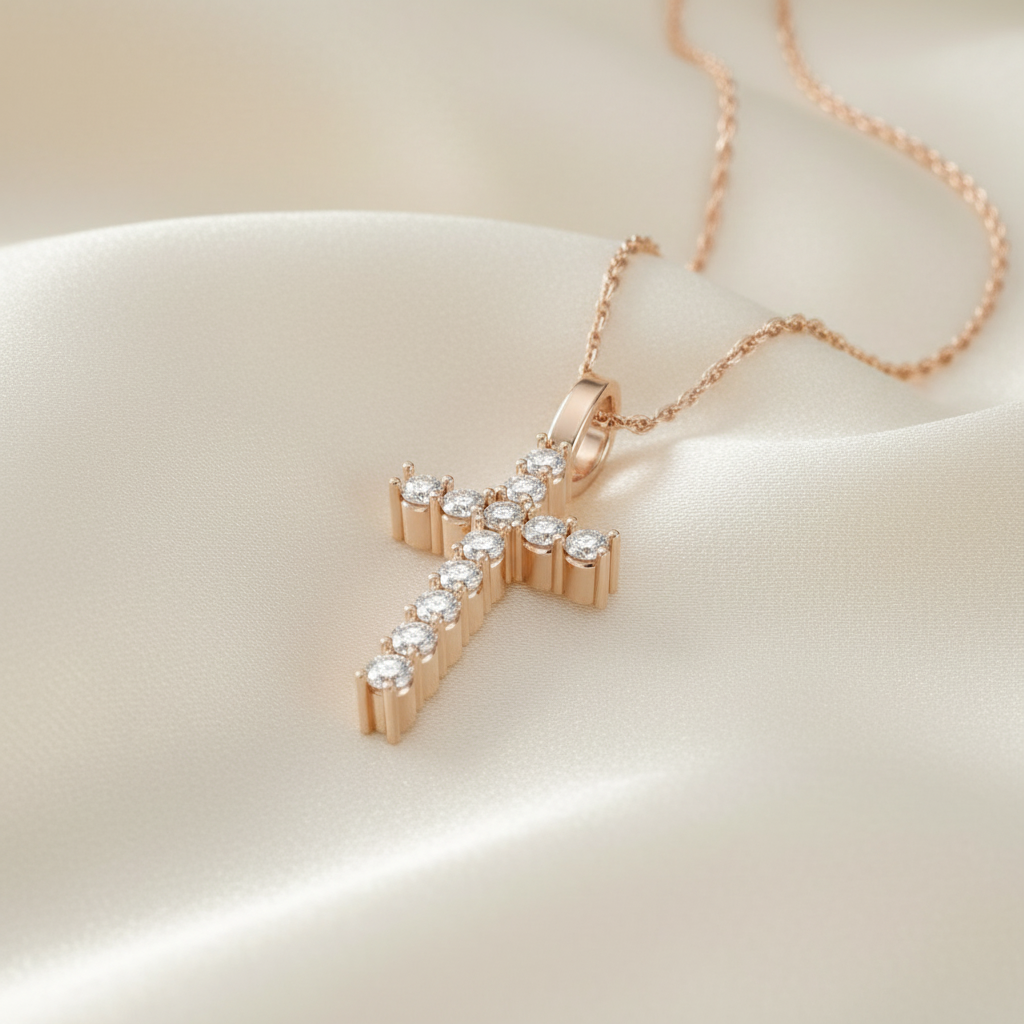 Rose Gold Diamond Cross on Ivory Silk