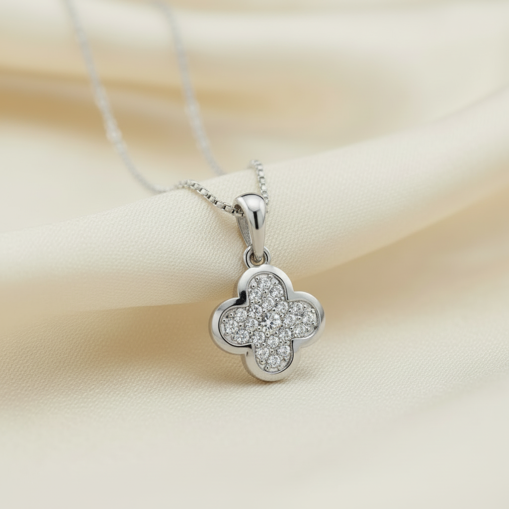 White Gold Clover Pendant – Cable Chain on Ivory Silk