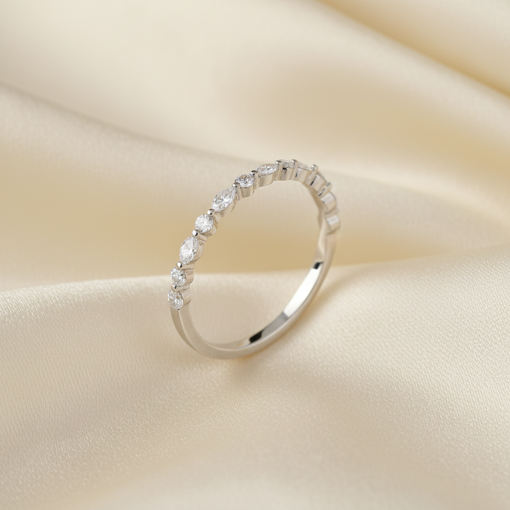 White Gold Diamond Band on Ivory Silk