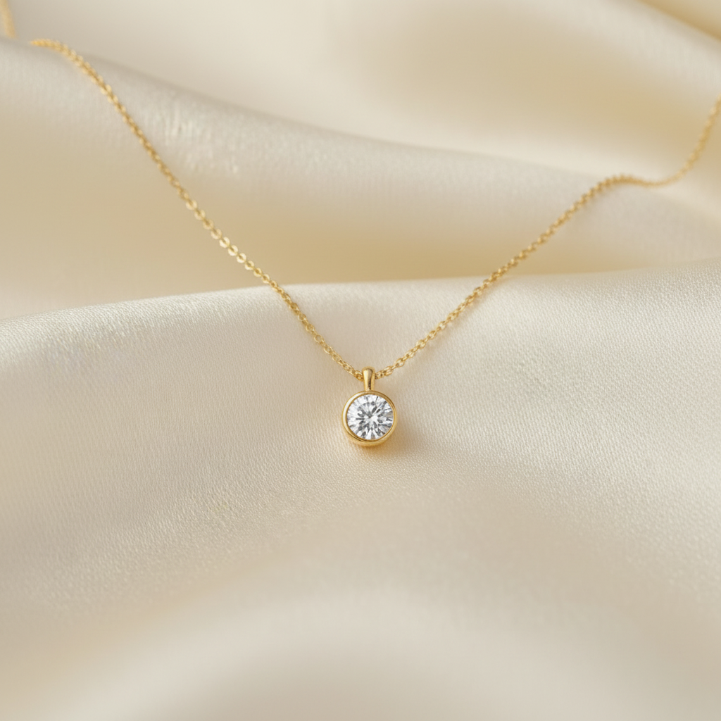 Yellow Gold Pendant on Ivory Silk